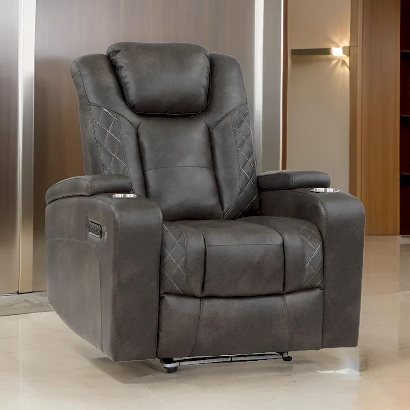 Mia 40 Inch Power Recliner Chair, Gray Faux Leather, LED, USB, Cupholders