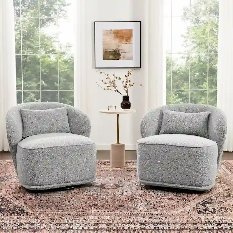 KINWELL 33 W Sherpa Boucle Upholstered Accent Swivel Chair (Set of 2)