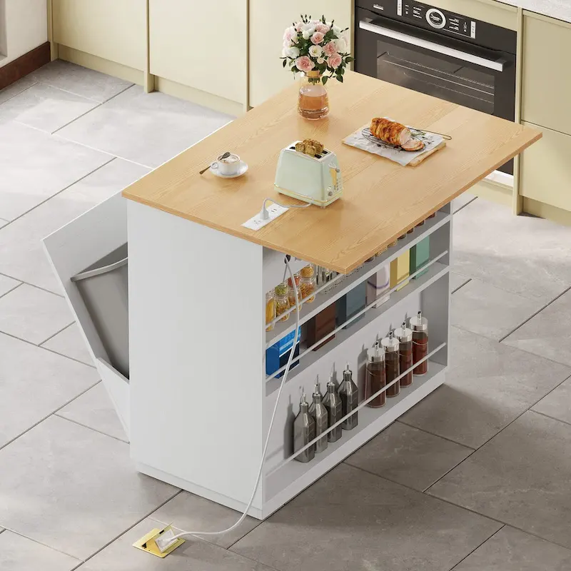 Kitchen Island Drop Leaf Double Tilt Out Trash Cabinet with Power Outlet & Wheels
