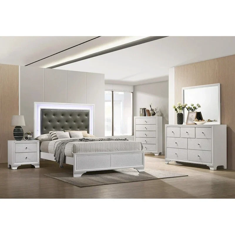 LED Light Faux Leather Upholstered Wooden Bed Chest Nightstand 3pc Set