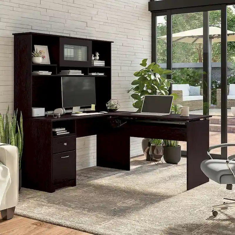 60W 3-position L-shaped Sit to Stand Desk with Hutch by