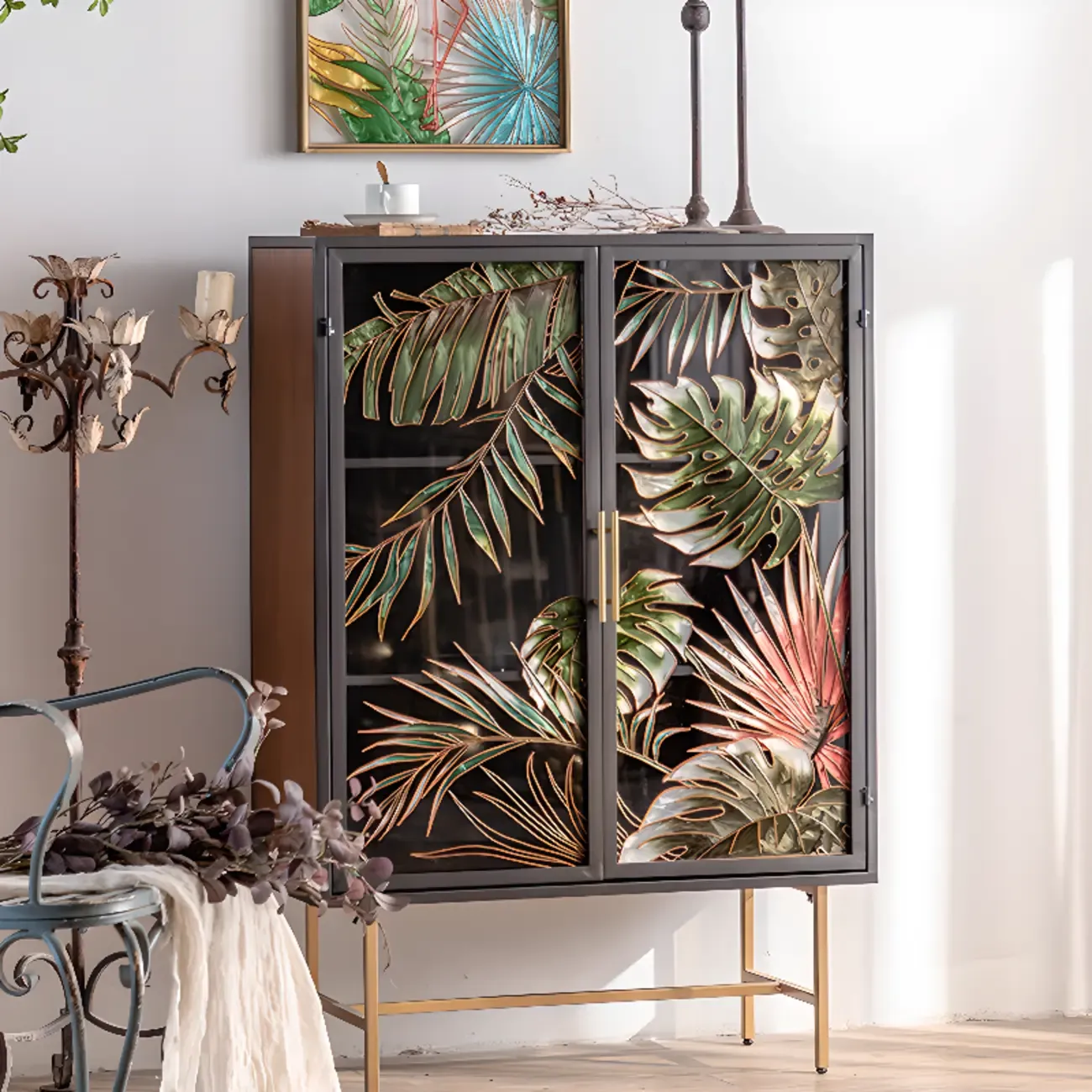 Plant Pattern Glass Door Storage Sideboard with Gold Legs