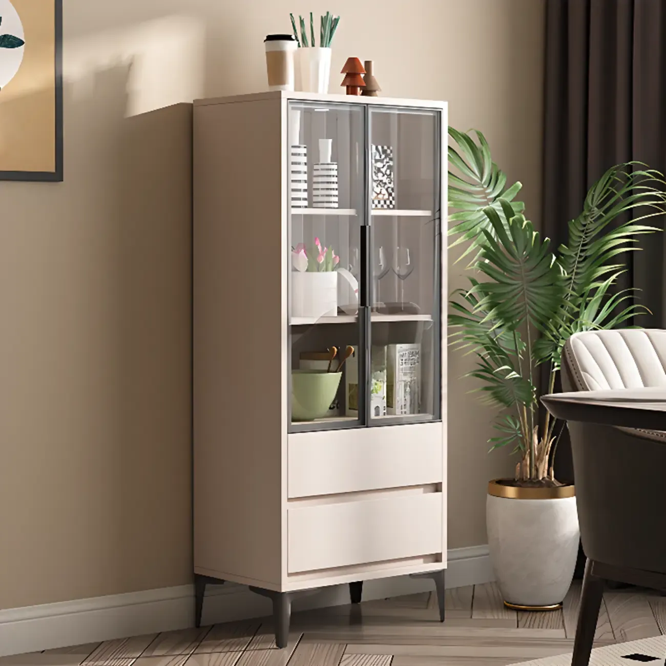 Khaki Wooden Adjustable Shelf Display Cabinet with Drawer