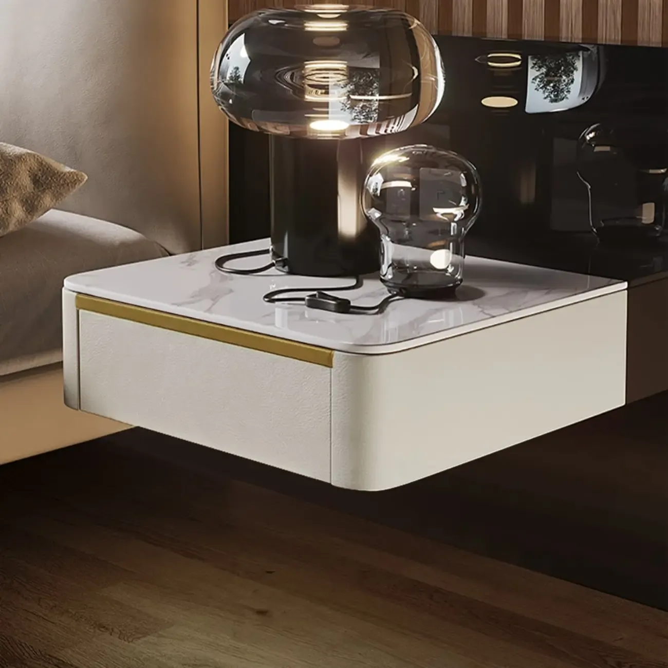 Modern Wood Stone Top Floating Nightstand with Drawer