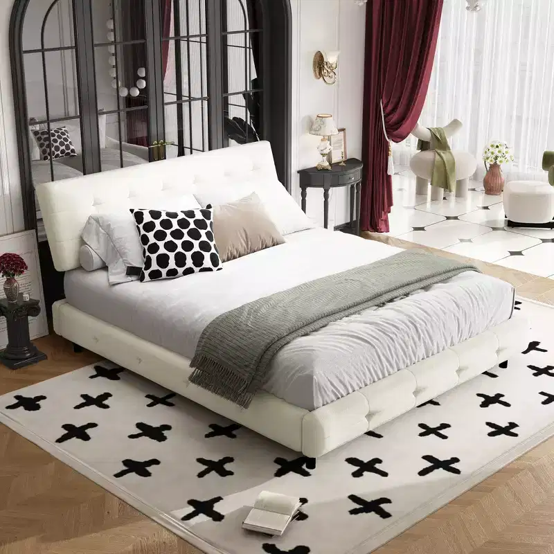 King Size Chenille Platform Bed, Wooden Bed Frame,Tufted Headboard with Extra-Large Ultra-Soft Cloud Pillow
