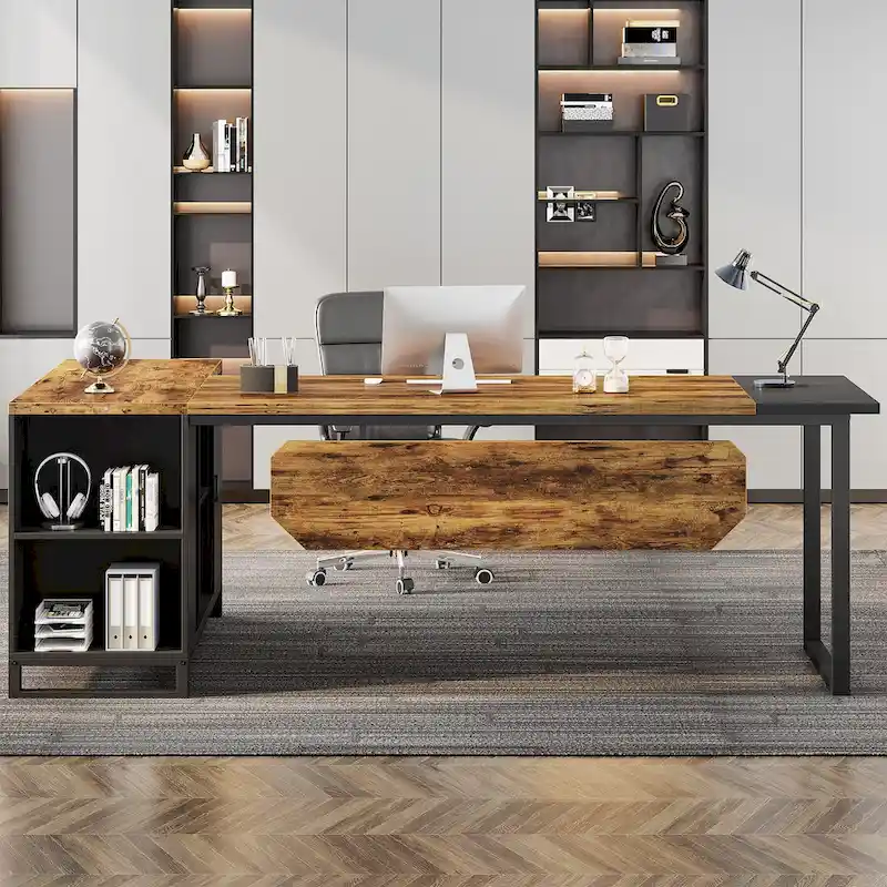 L-Shaped Computer Desk with File Cabinet | White/Black/Grey/Beige | 2-Person