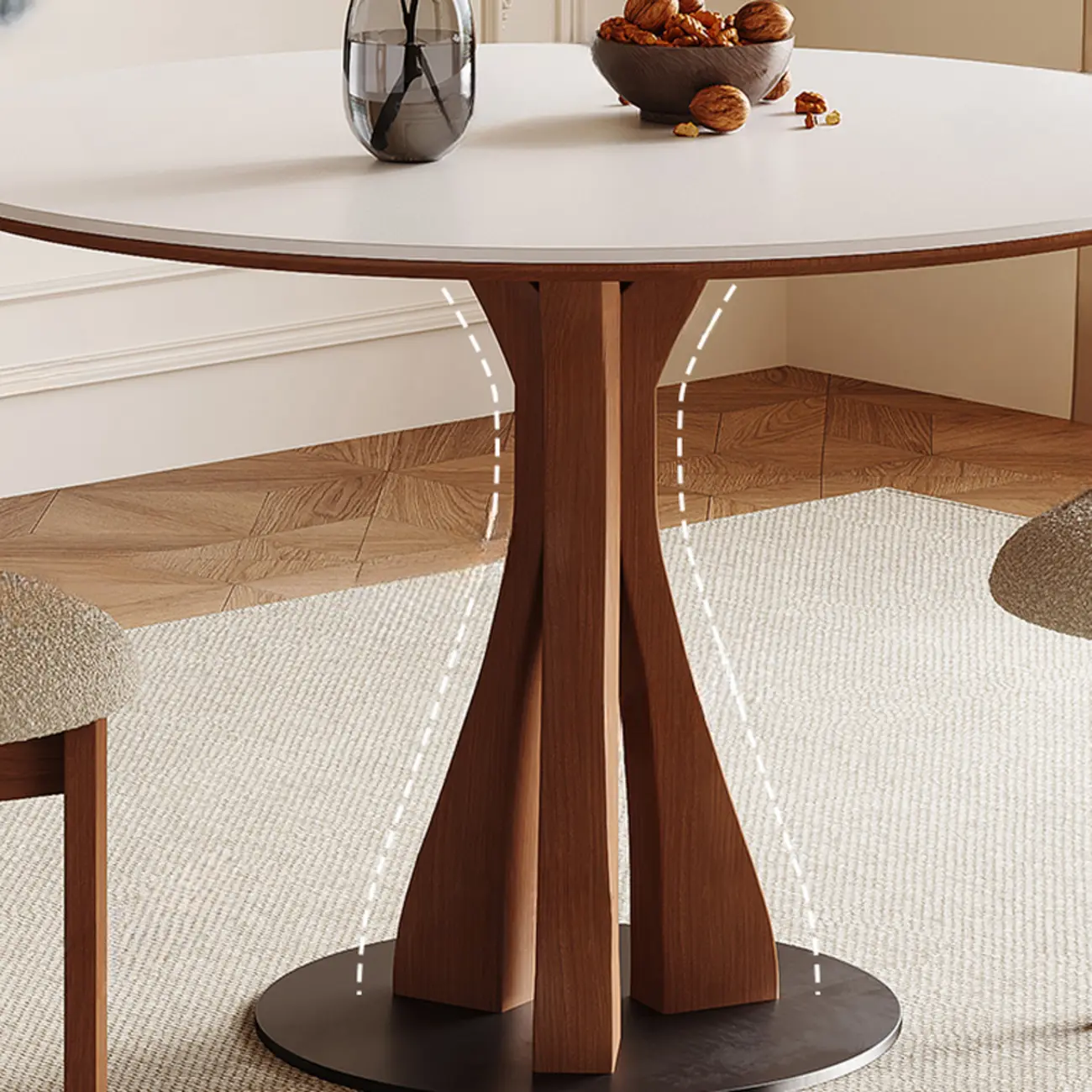 Mid-Century Modern White Stone Brown Wood Round Dining Table