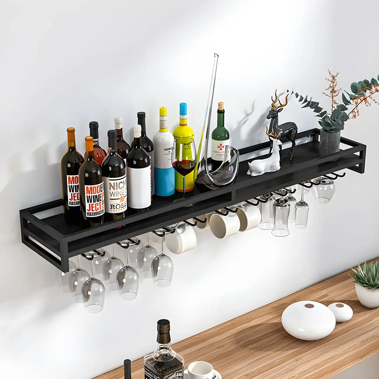 Floating Mount Metal Wine Glasses and Bottle Rack with Hook