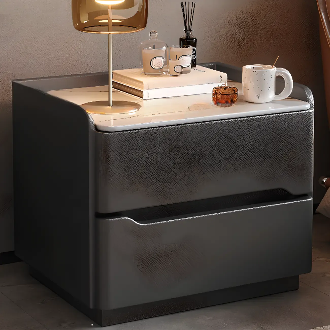 Modern Leather Tray Stone Top 2 Drawers Nightstand