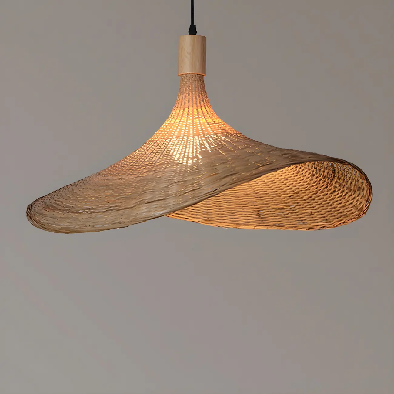 Oriental Beige Hat Shape Bamboo Hanging Pendant Light