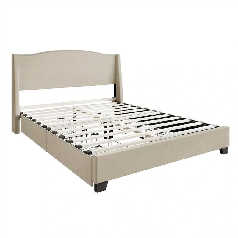 Elegant Chrome Nailhead Wingback Upholstered Bed with Drawers