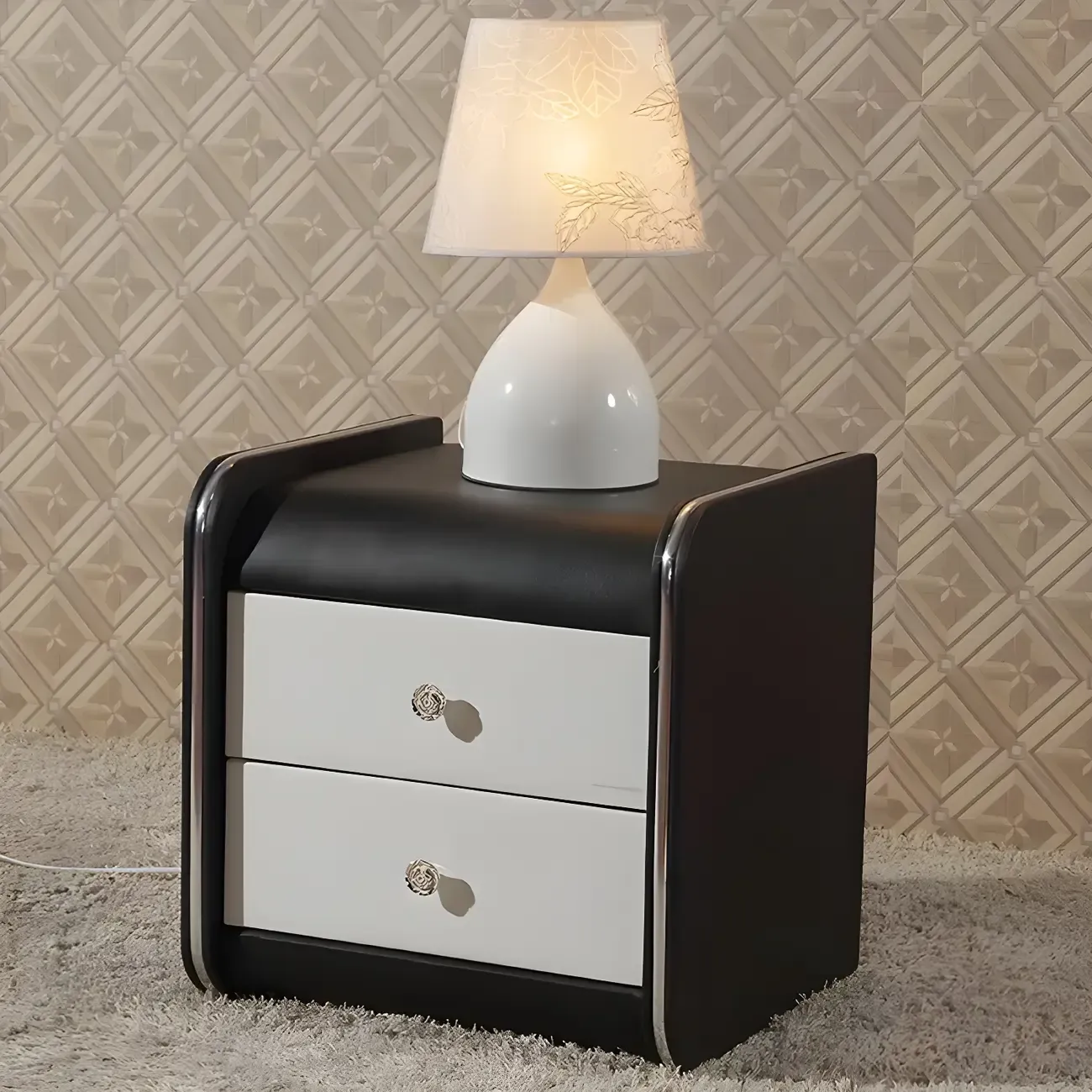 Luxurious Glossy Leather Wooden 2 Drawer Black Nightstand