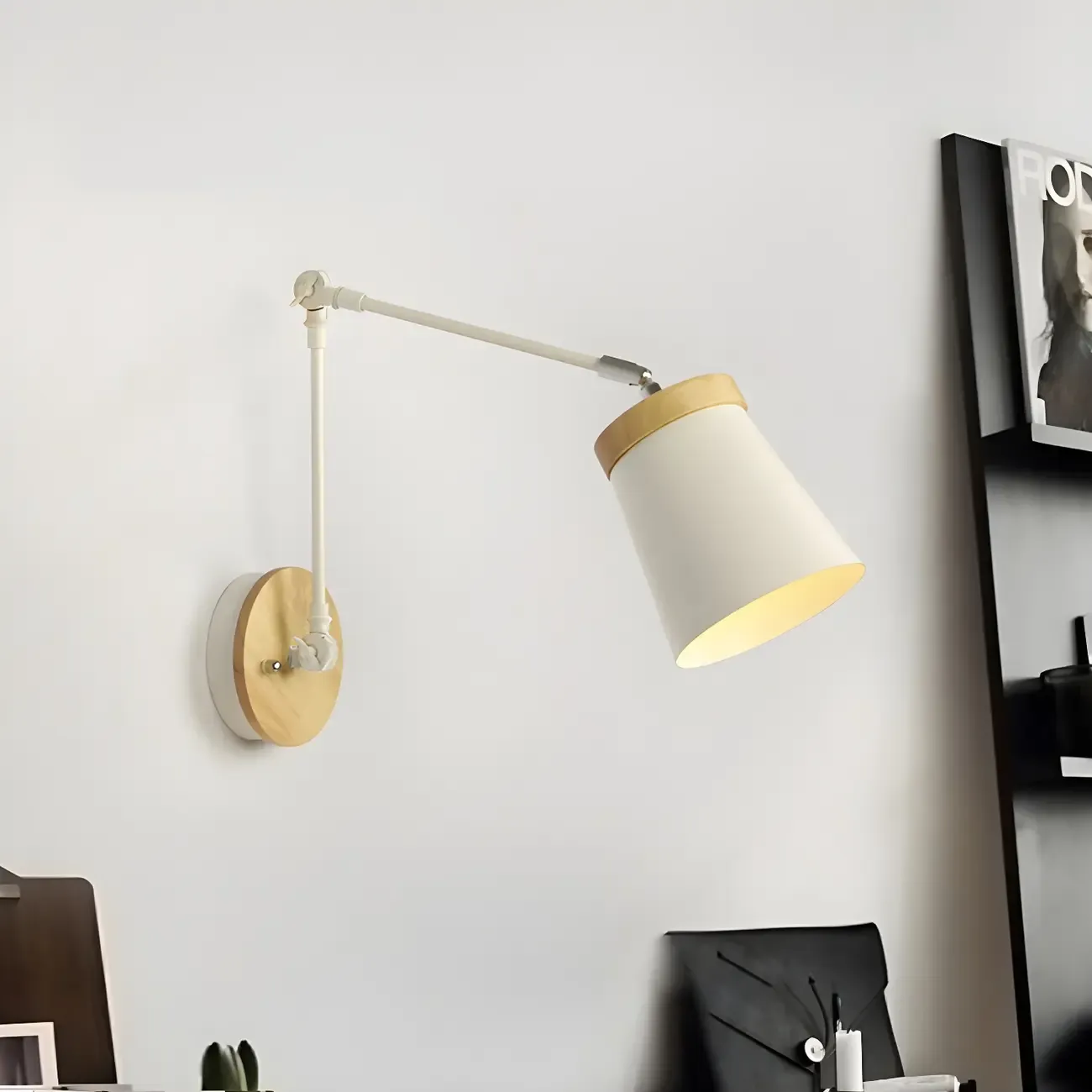 Modern Wood Metal Swing Arm Wall Light