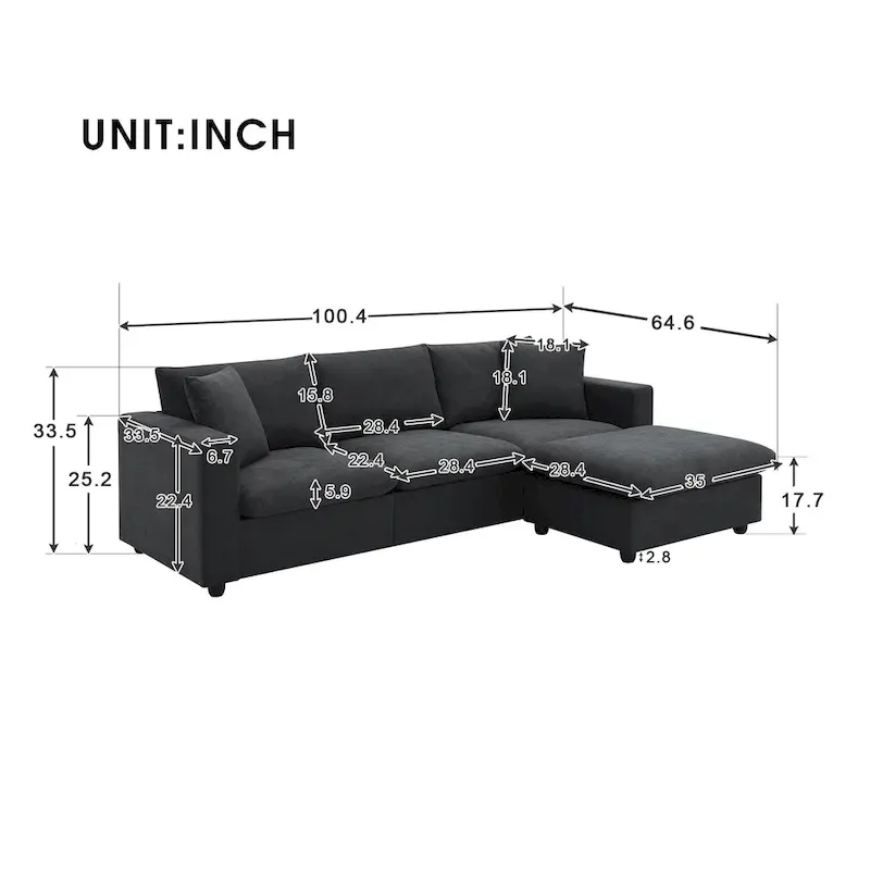 Modern 4-Seat L-Shaped Sectional Sofa, with 2 Free pillows, Convertible Ottoman