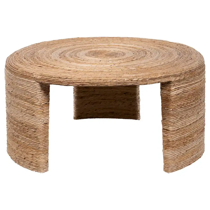 Asha 36 Inch Coffee Table, Round Shaped Top with Natural Rattan Wrapping