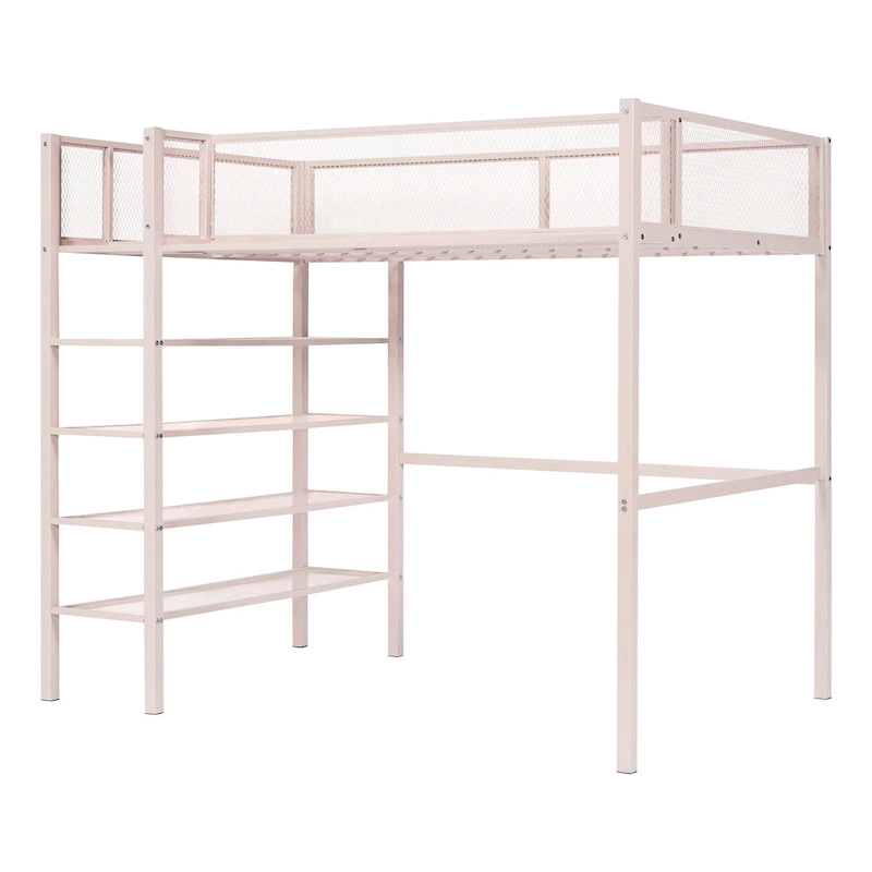 Metal Loft Bed with 4-Tier Shelves and Storage