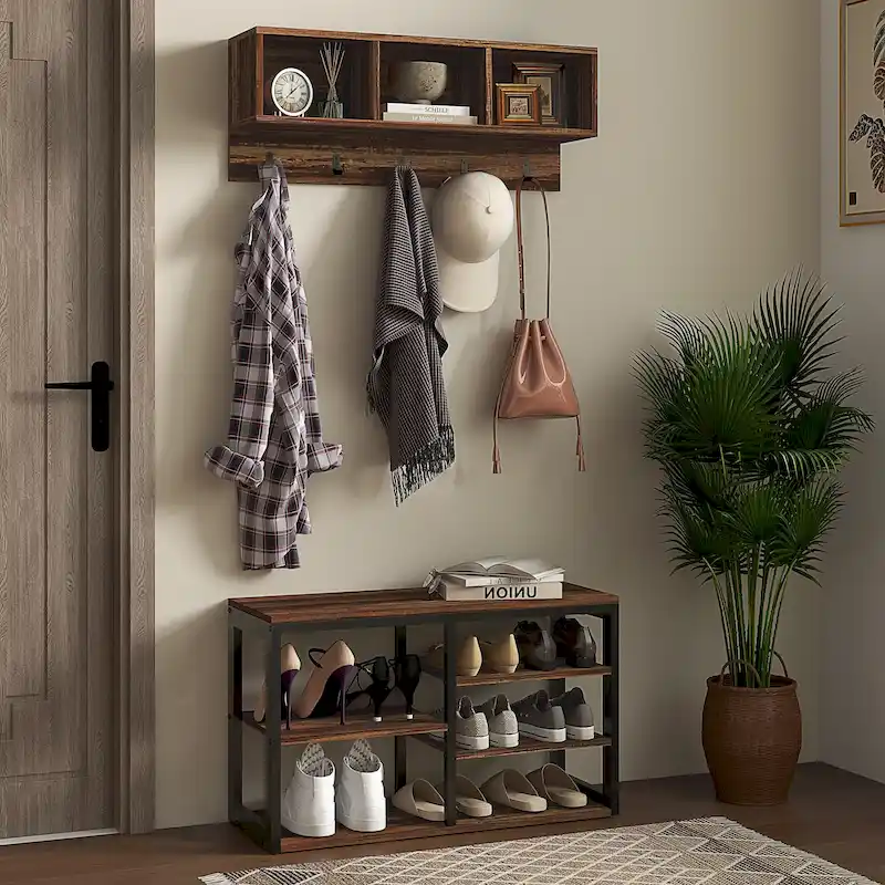 HOMCOM 2-in-1 Coat Rack Shoe Bench Set, 5-Hook Hall Tree with Bench and Shoe Storage