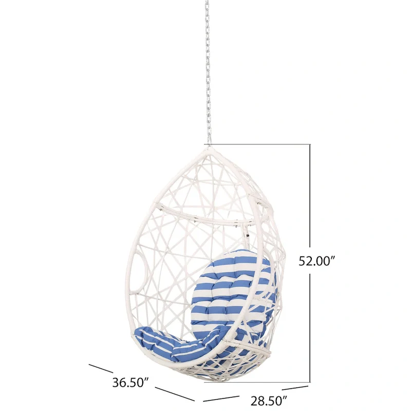 Kiwi Hanging Basket Chair w Chain, Egg Shape, Rattan Weaving, White