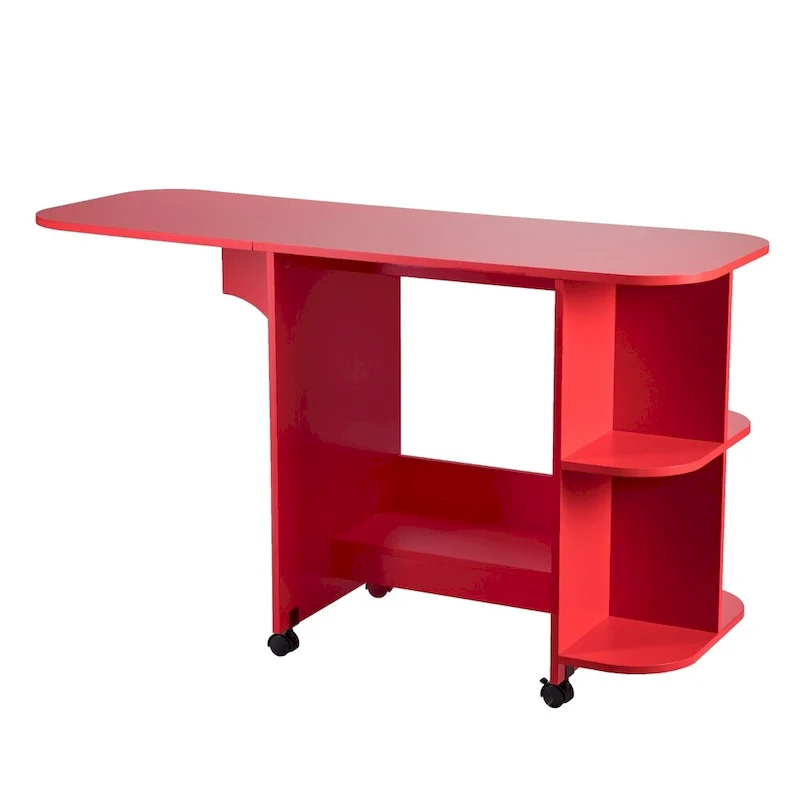 Farmhouse Red Foldable Rolling Sewing Table with Side Shelves