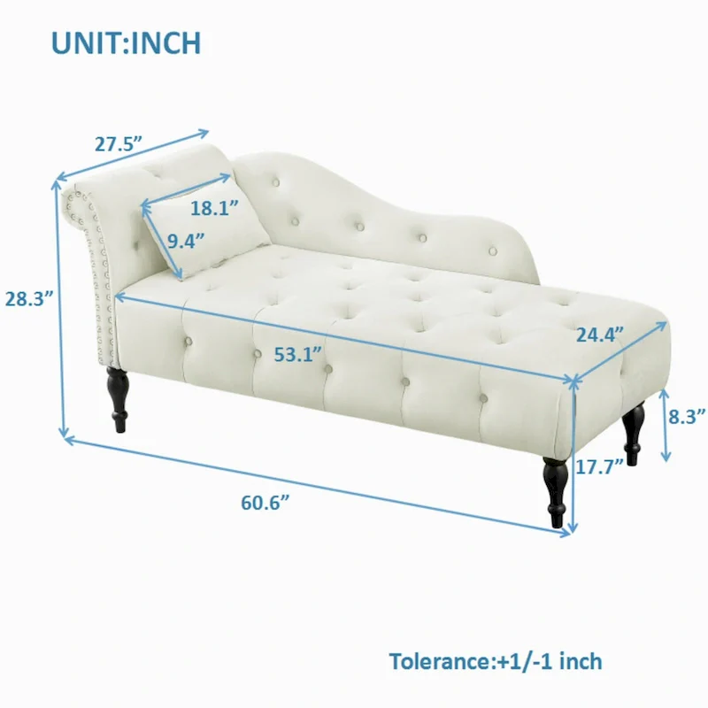 Modern 60.6 Velvet Upholstered Buttons Tufted Chaise Lounge Chair with Solid Wood Legs and Nailheads