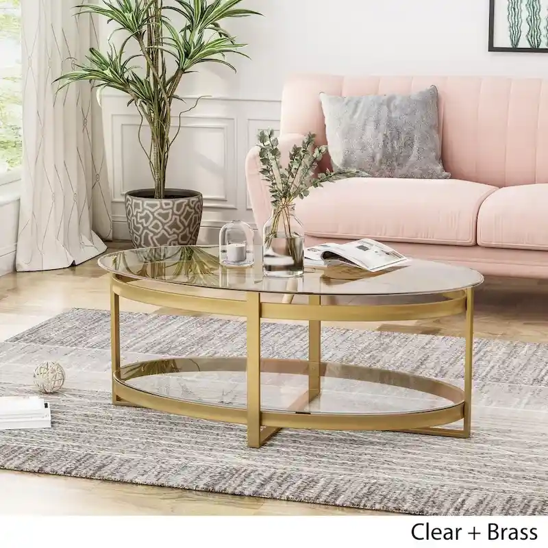 Plumeria Modern Glam Tempered Glass Oval Coffee Table with Iron Frame by Christopher Knight Home