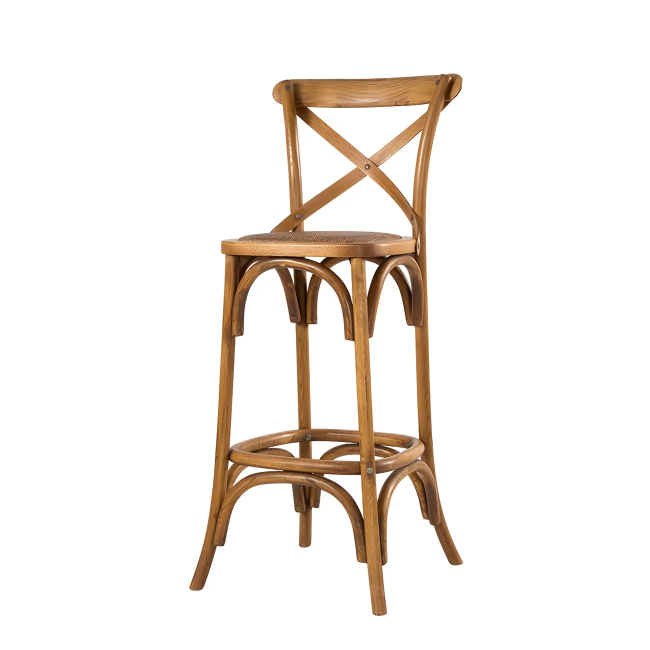 Rustic Solid Wood Wicker Cross Back Bar Stool in Brown/ Grey