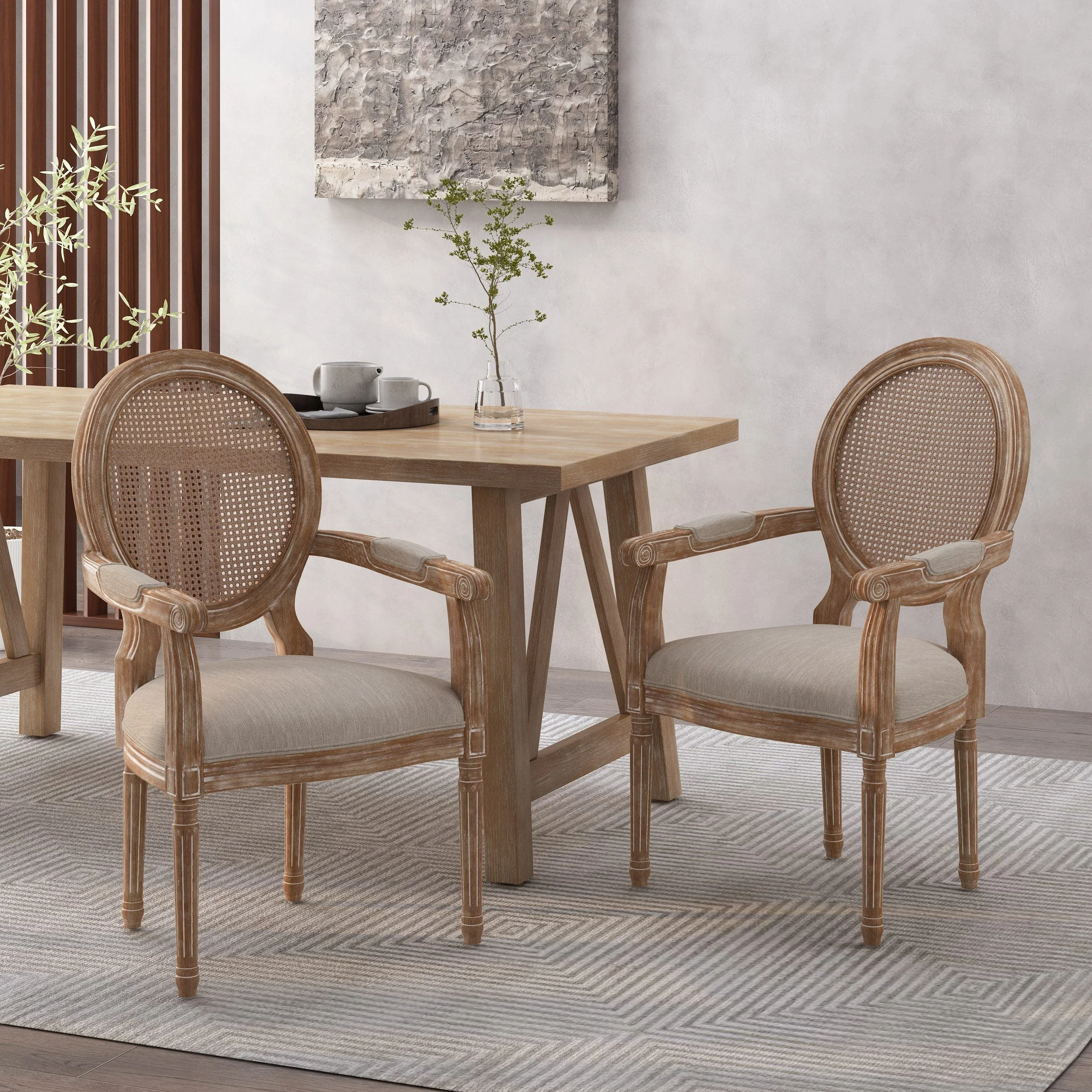 French Country Wood and Cane Upholstered Dining Chair - NH651513