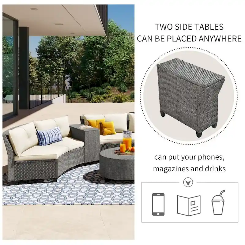 6-Person Garden Fan-shaped Rattan Suit Combination with Cushions and Table