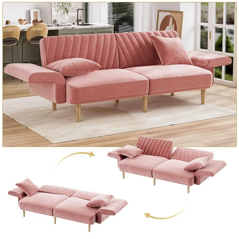 Ouyessir Upholstered Tufted Convertible Futon Sofa Bed with Foldable Armrest
