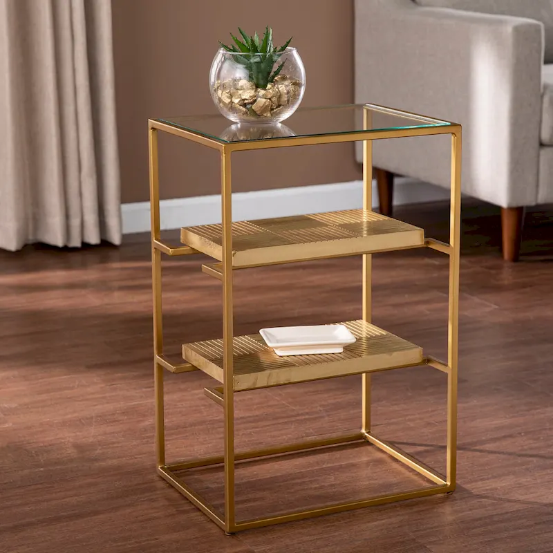SEI Furniture Pantello Glass-Top Side Table w/ Shelving, Brass