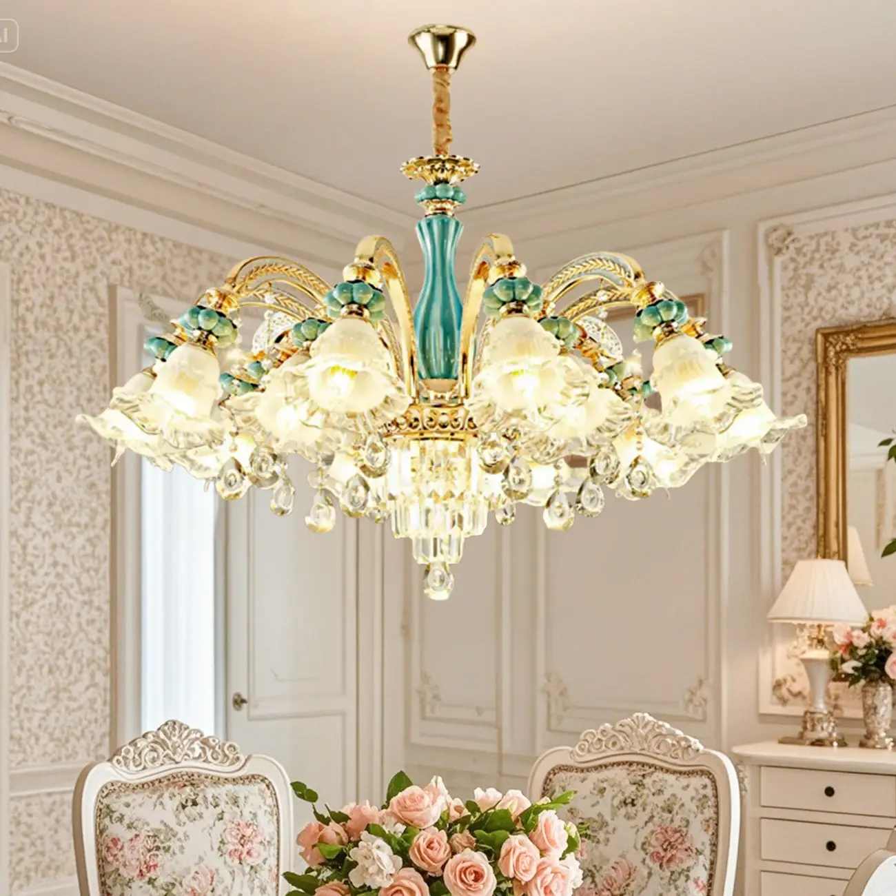 Living Room Down Light Crystal Chandelier with Flower Glass Shape