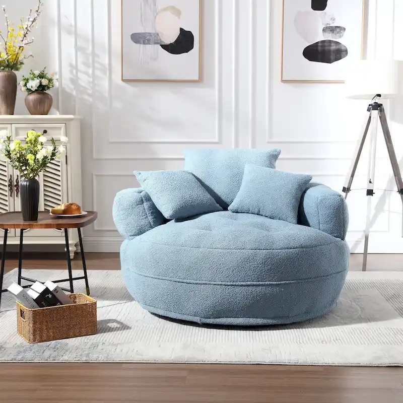 Boucle Upholstered Tufted Barrel Accent Living Room Chair With Toss Pillows