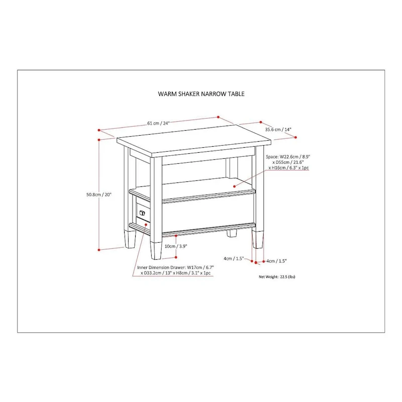 SOLID WOOD 14 inch Wide Rectangle Transitional Narrow Side Table - 14 Inches wide
