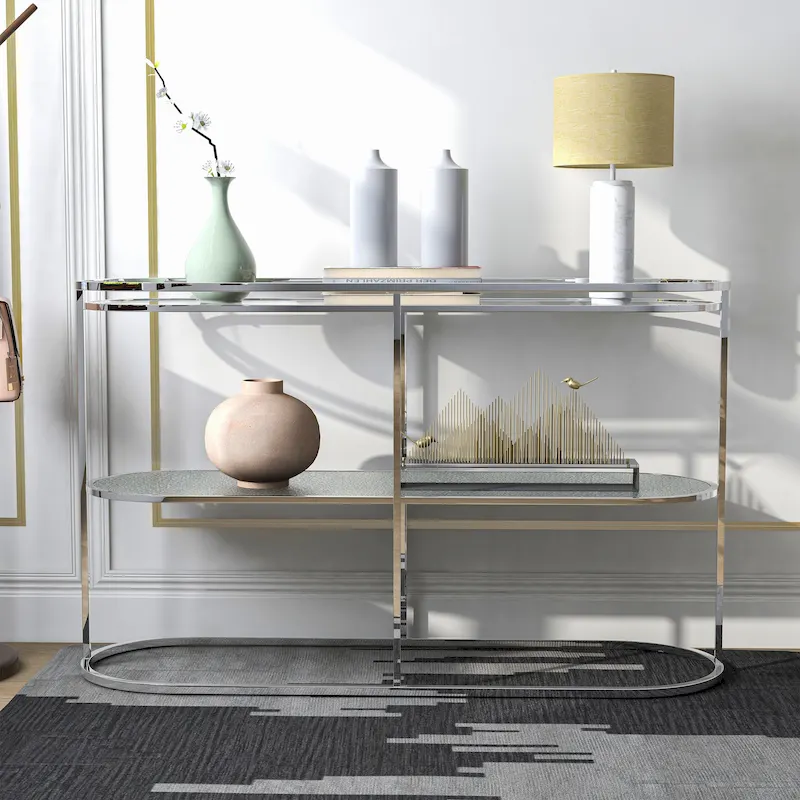 Taylaa Glam Chrome 48-inch Glass Top 1-Shelf Sofa Table by