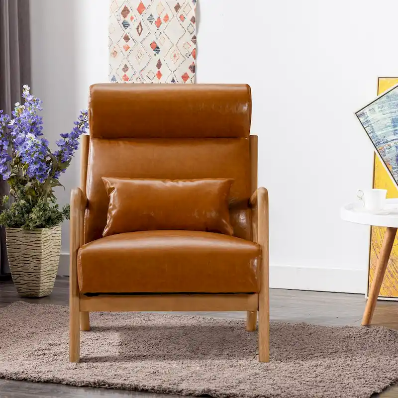 Upholstered Linen Blend Accent Chair with Wooden Legs and One Pillow