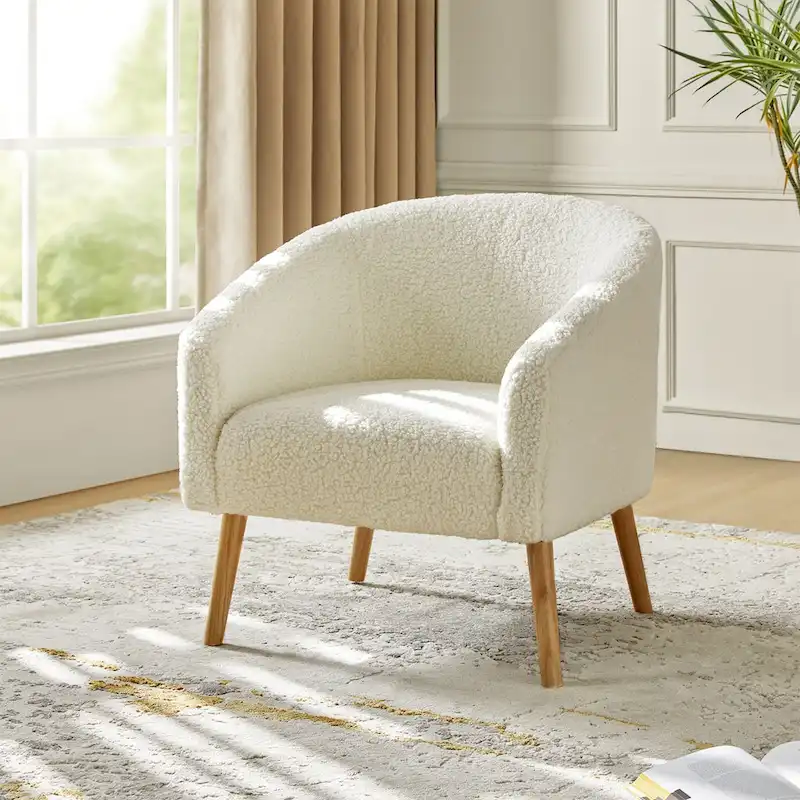 Modern 31W Boucle Armchair with Solid Wood Legs