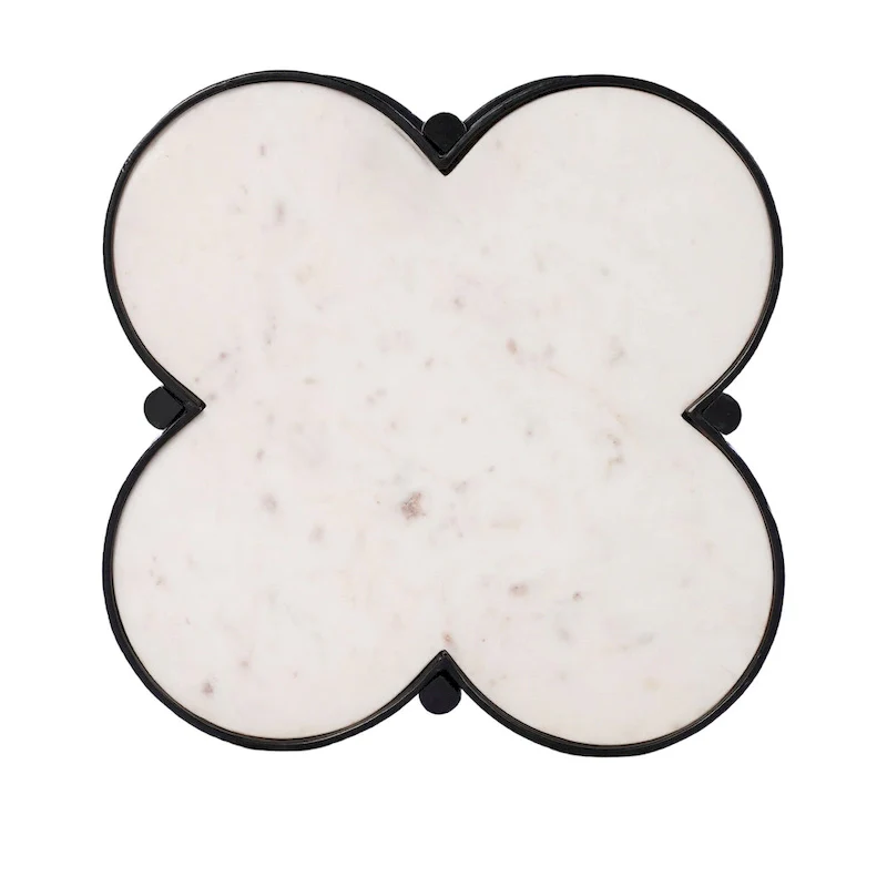 Chloe Side End Table, White Genuine Marble Clover Shape Top With Black Iron Frame