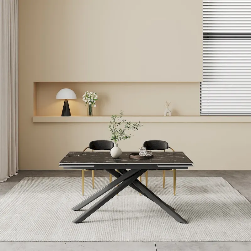 9 - Piece Extendable Sintered Stone Top Cross Legs Dining Set With 8 Fabric Chair