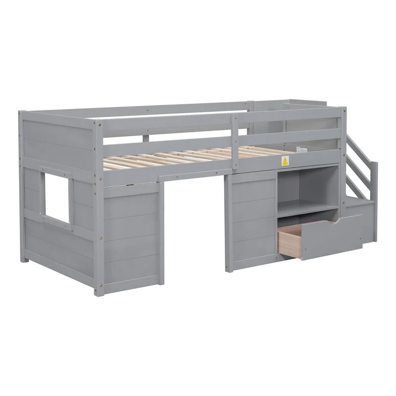 Gray Twin Solid Wood Low Loft Bed with Stair & Drawer