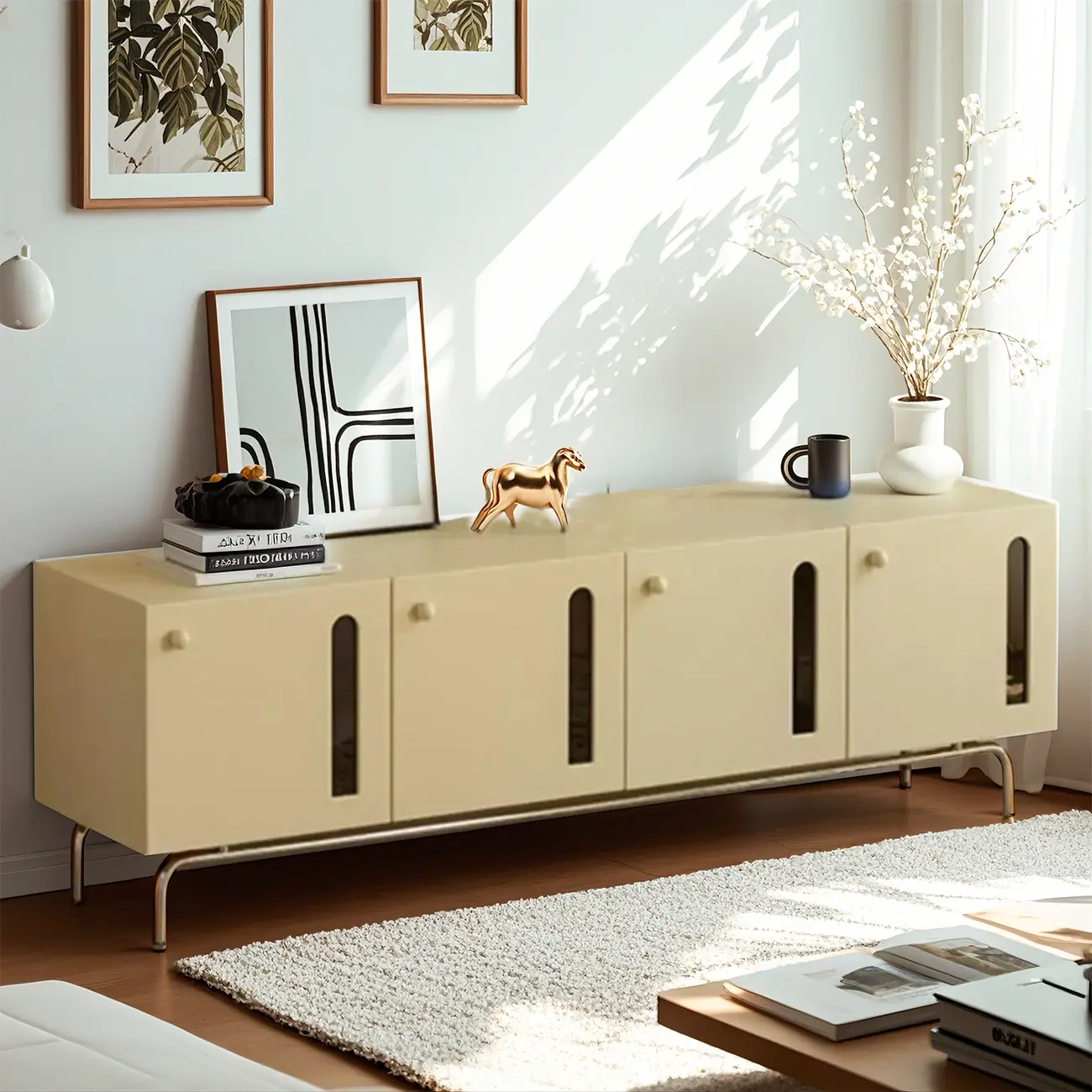 Living Room Rectangle Brown Wood TV Stand with Metal Legs