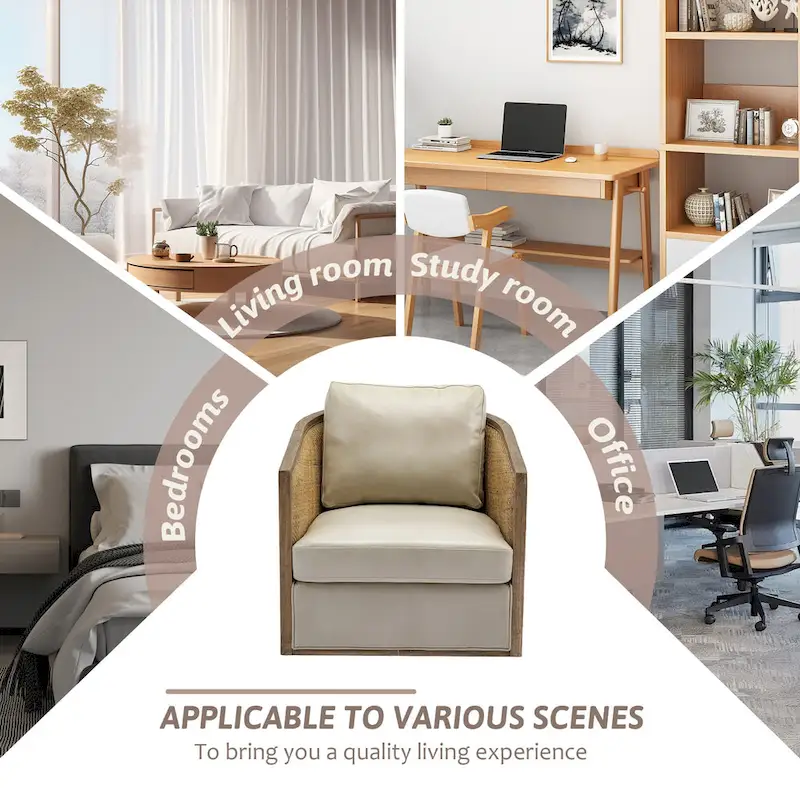 Boucle/Leather Upholstered 360 Degree Swivel Round Barrel Club Chair