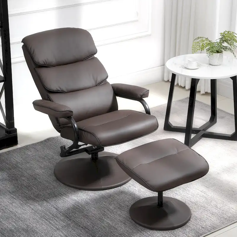 HOMCOM Recliner Chair with Ottoman, Swivel PU Leather High Back Armchair w/ Footrest Stool, 135 Adjustable Backrest