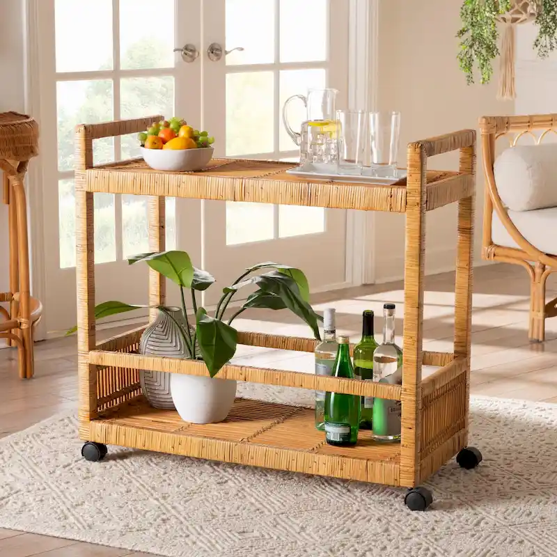 Genet Modern Bohemian Natural Brown Rattan and Teak Wood 2-Tier Kitchen Cart