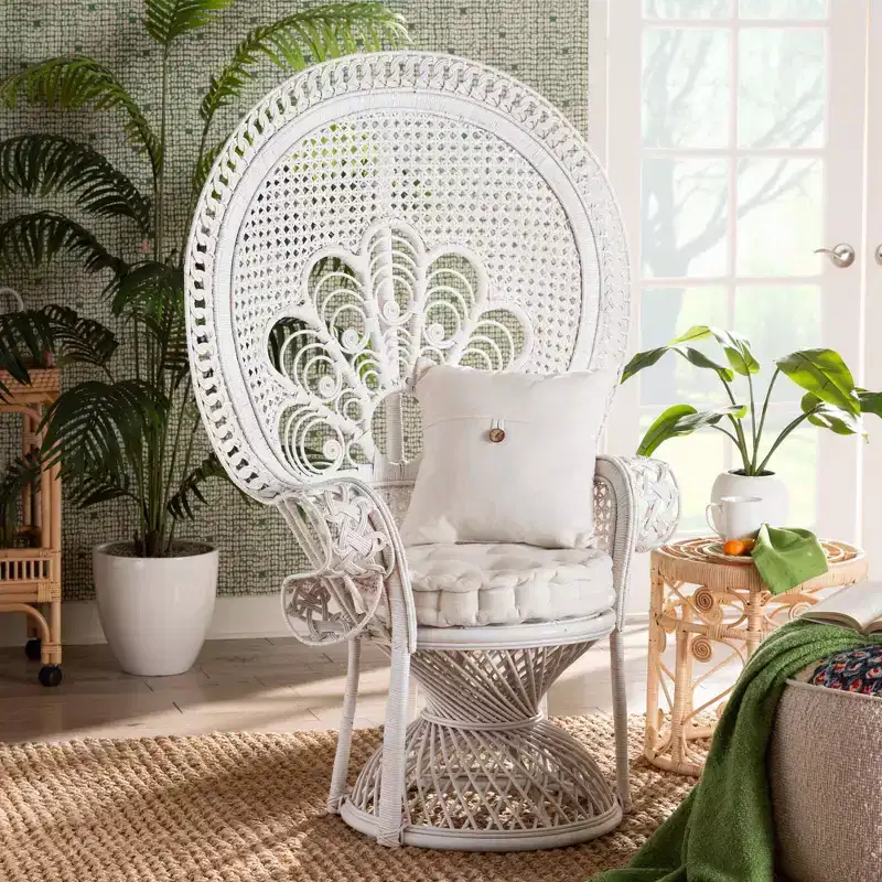 bali & pari Ediva Natural Rattan Peacock Accent Chair White: Upholstered Polyester, No Assembly Required