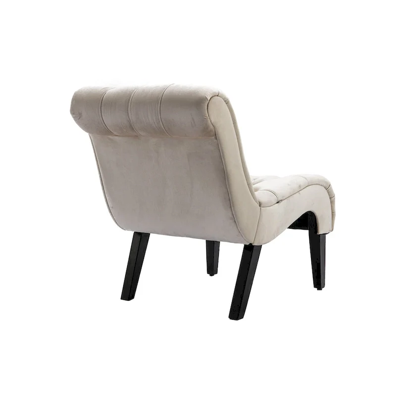 Beige Velvet Accent Chair with Button Tufting and Wooden Legs