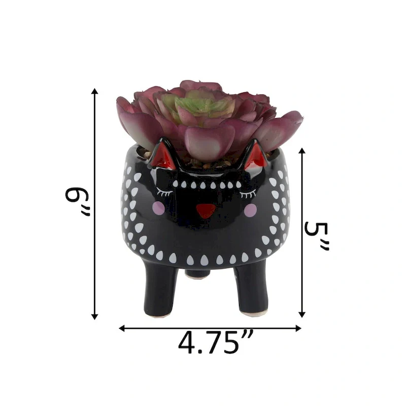 Faux Succulent in 4.75  Small Black Cat Ceramic Planter