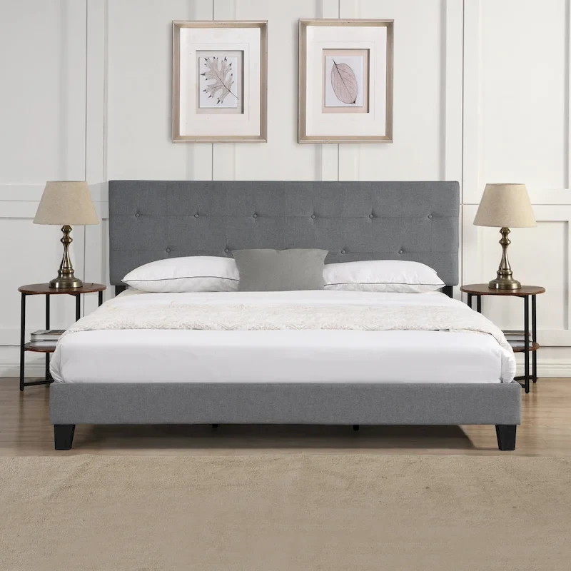 Queen Size Upholstered Platform Bed with Tufted Headboard