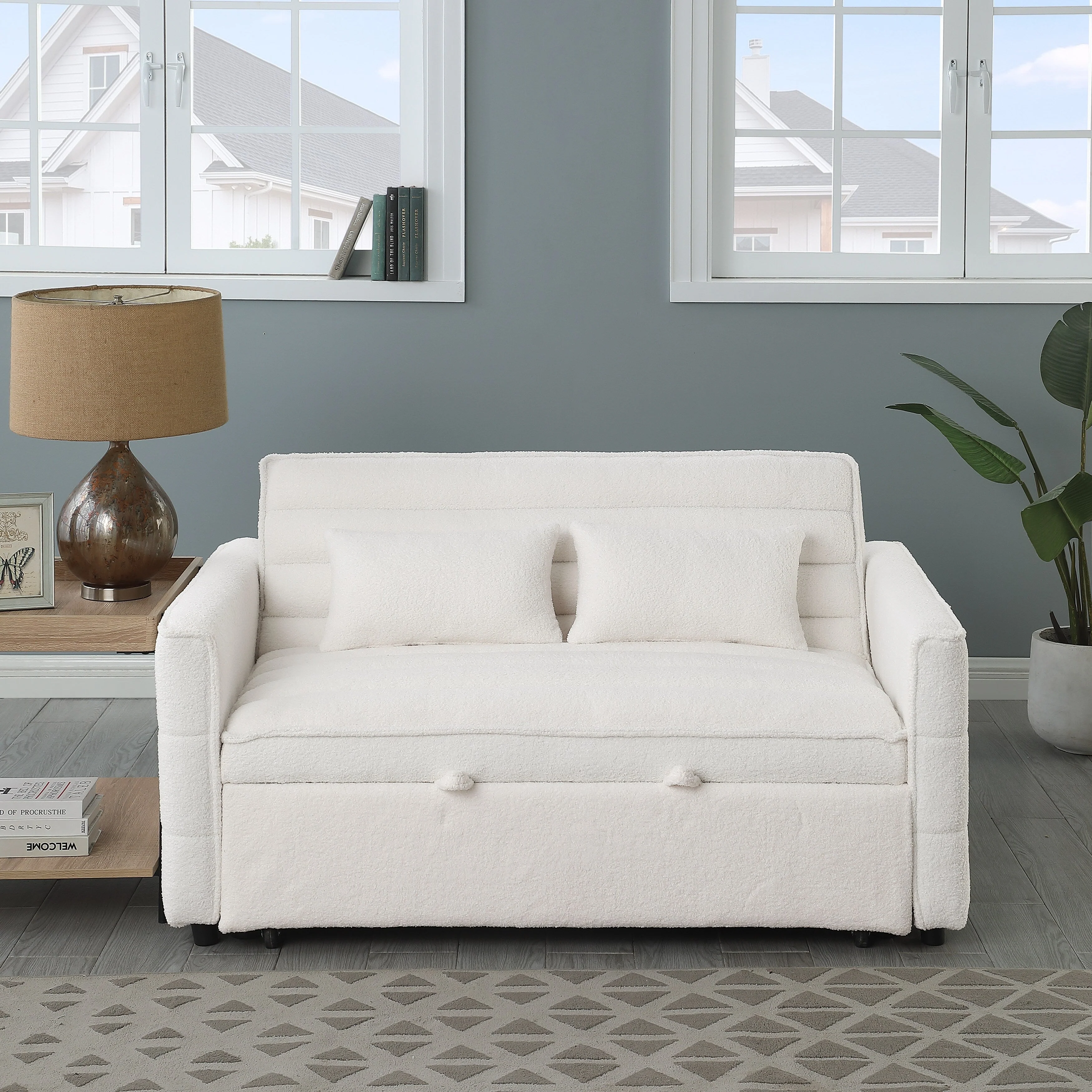 Beige 55.12 Boucle Loveseat Convertible Pull-Out Sofa Bed with Adjustable Back and 2 Waist Pillows for Living Room