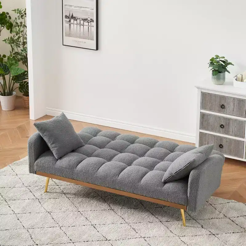GDFStudio Smin Modern 69 Wooden Teddy Upholstered Sofa Bed with Adjustable Backrest