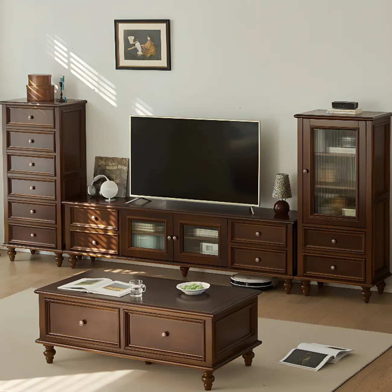 Walnut Wood Vintage Dresser TV Stand with Cabinet